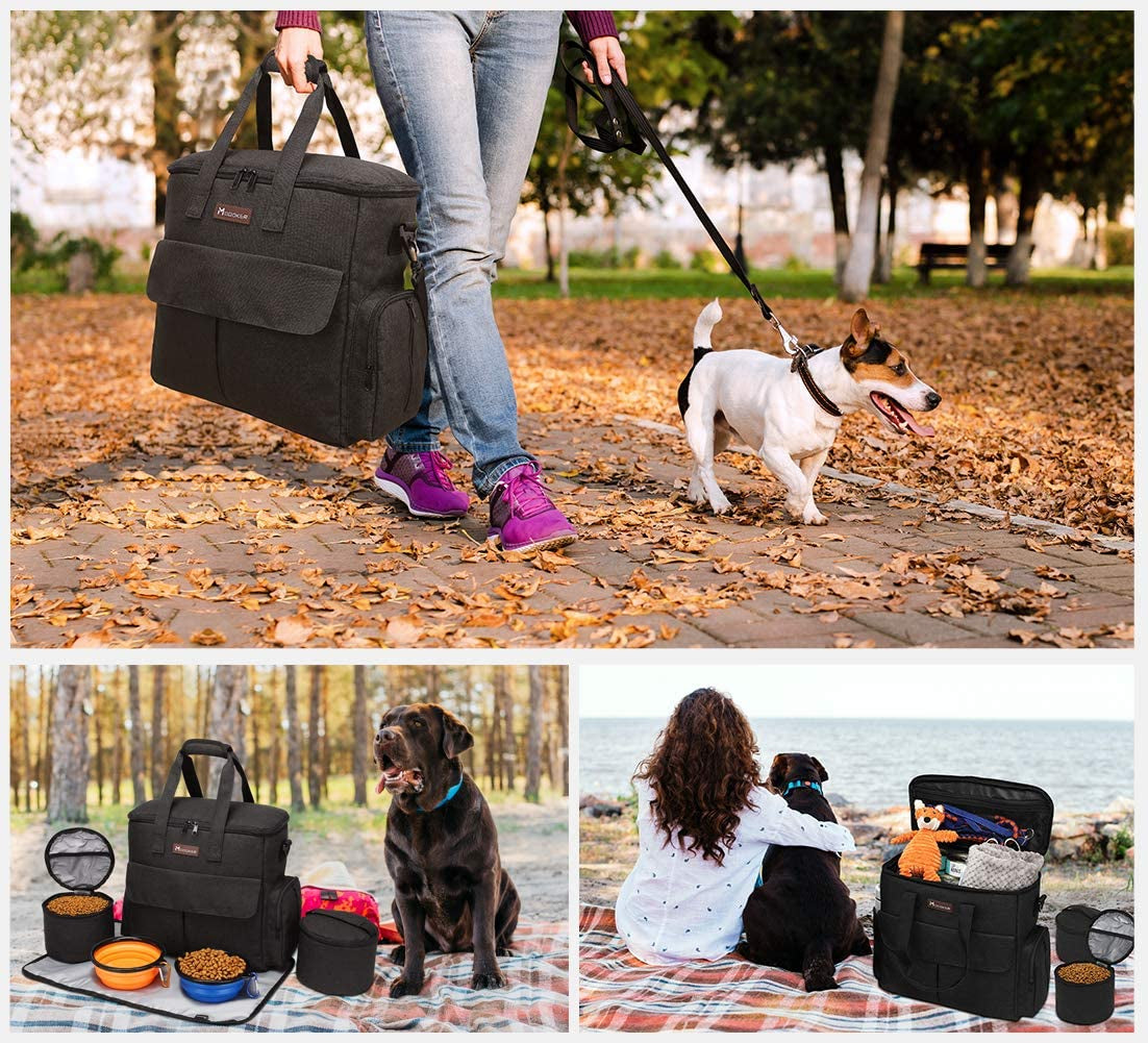 Dog Travel Kit - Weekend Travel Bag Set with Organizer, 2 Collapsible Bowls, and 2 Food Containers (Black)