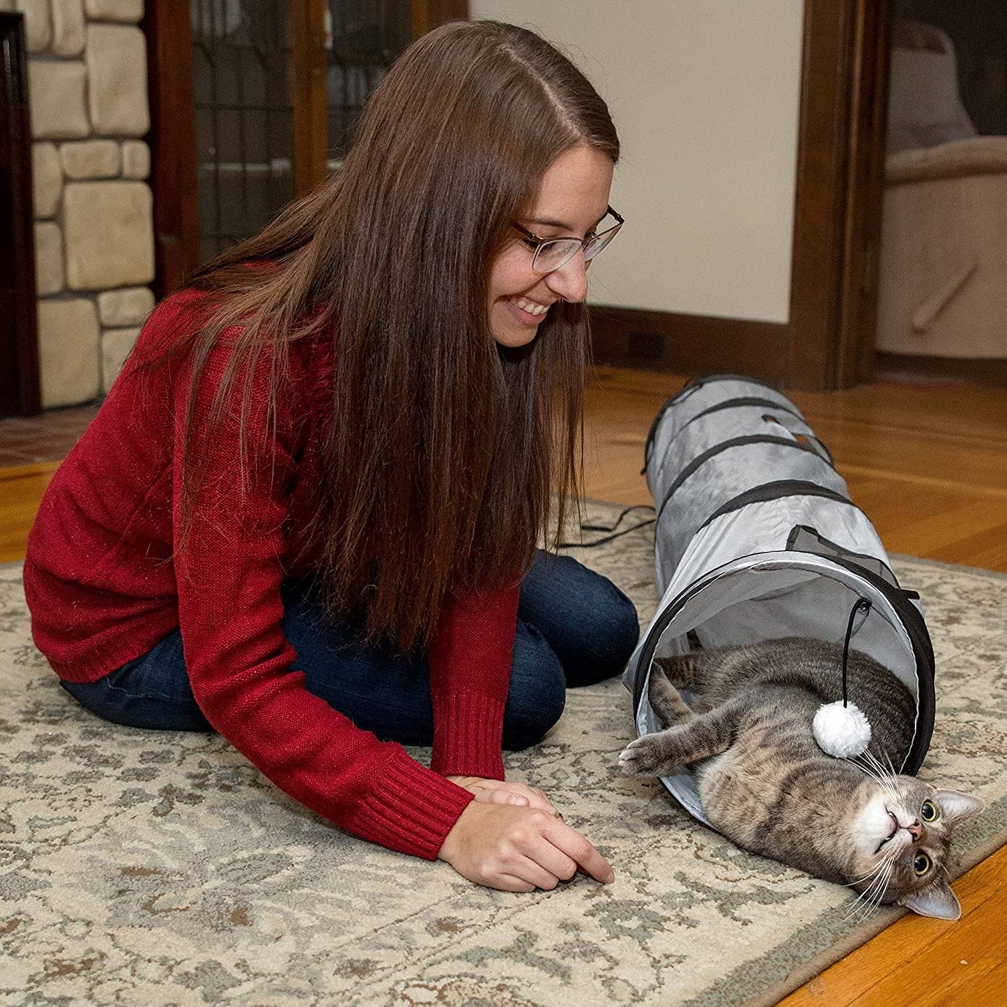 Collapsible Cat Tunnel with Peek Hole and Ball for Indoor Play