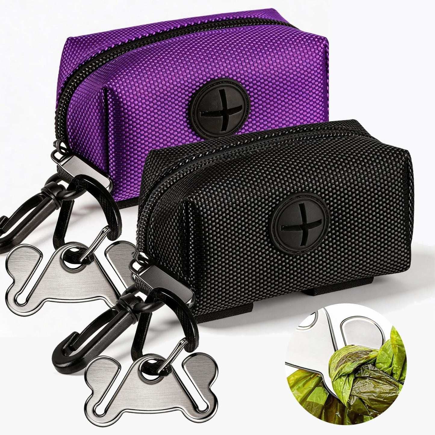 Dog Waste Bag Dispenser - Soft Fabric Zippered Holder for Pet Waste Bags with Leash Attachment - 2-Pack in Purple and Black