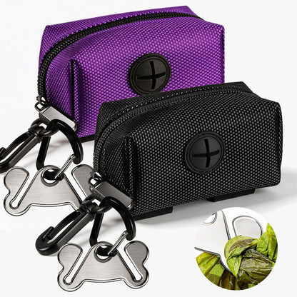 Dog Waste Bag Dispenser - Soft Fabric Zippered Holder for Pet Waste Bags with Leash Attachment - 2-Pack in Purple and Black