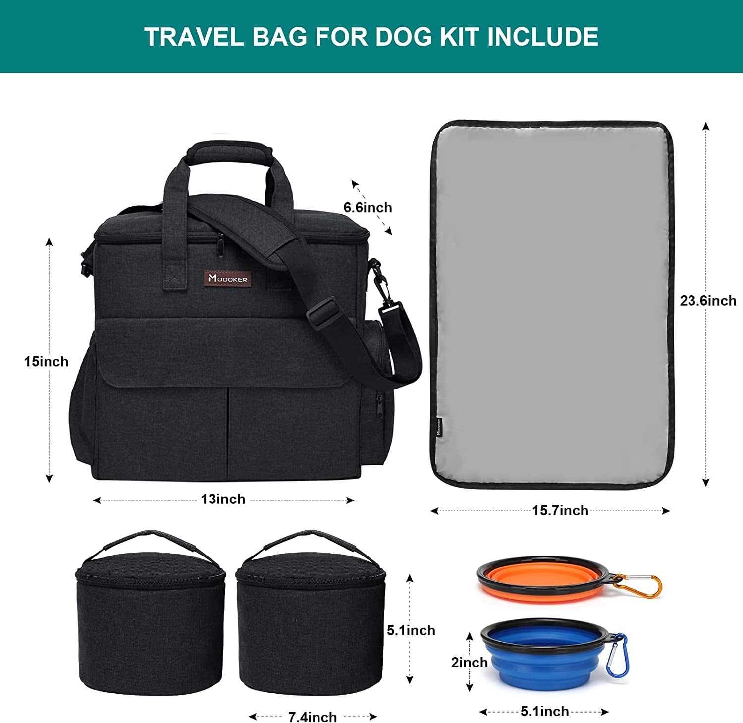 Dog Travel Kit - Weekend Travel Bag Set with Organizer, 2 Collapsible Bowls, and 2 Food Containers (Black)