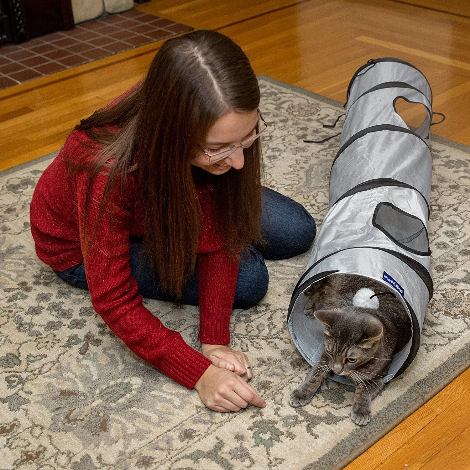 Collapsible Cat Tunnel with Peek Hole and Ball for Indoor Play