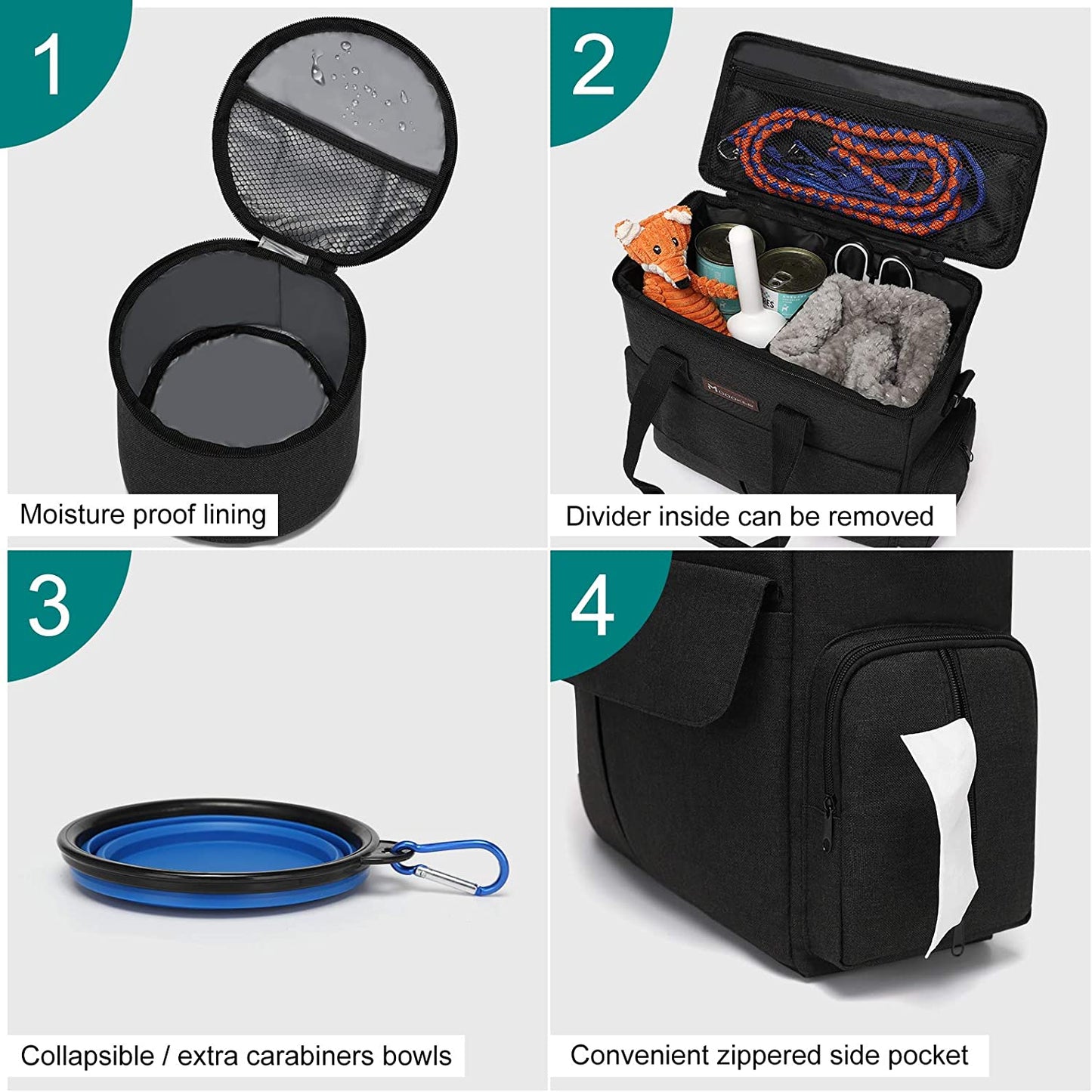 Dog Travel Kit - Weekend Travel Bag Set with Organizer, 2 Collapsible Bowls, and 2 Food Containers (Black)