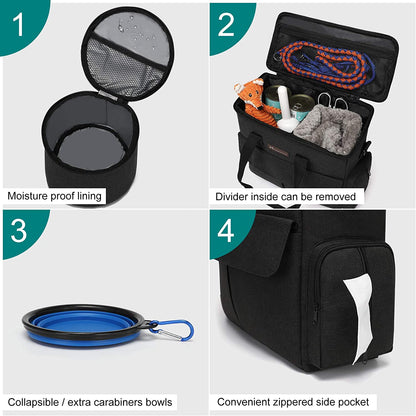 Dog Travel Kit - Weekend Travel Bag Set with Organizer, 2 Collapsible Bowls, and 2 Food Containers (Black)