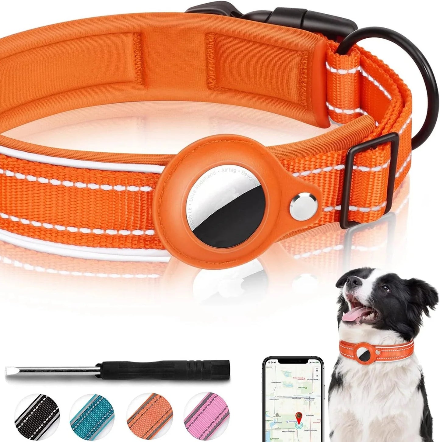 Heavy-Duty Reflective Dog Collar with Adjustable AirTag Holder for Large Dogs