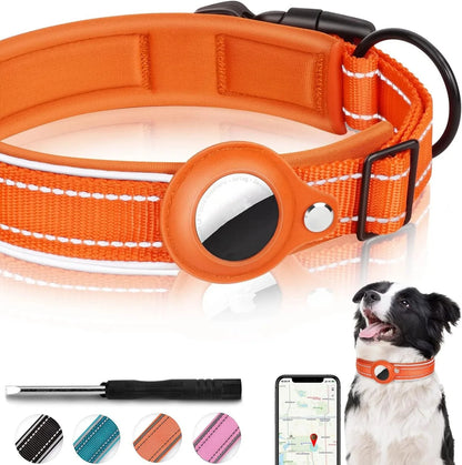 Heavy-Duty Reflective Dog Collar with Adjustable AirTag Holder for Large Dogs