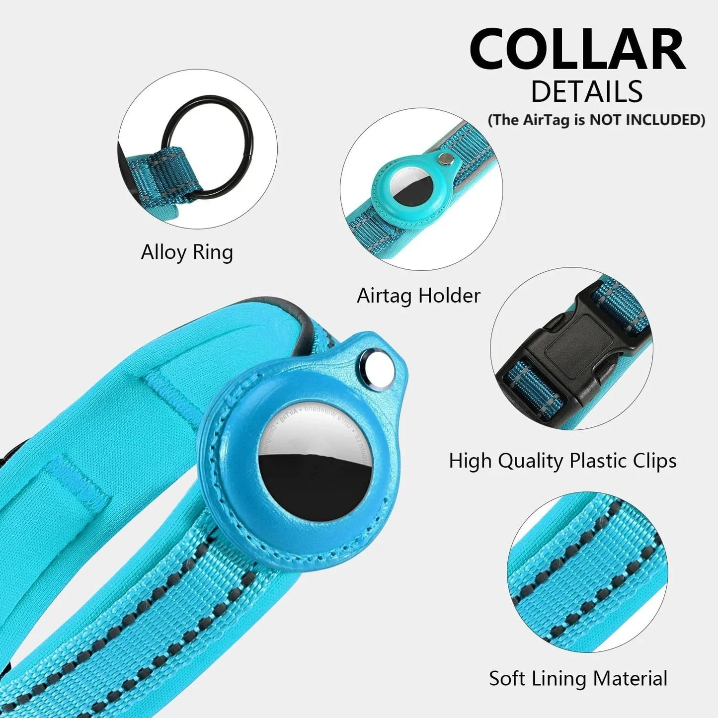 Heavy-Duty Reflective Dog Collar with Adjustable AirTag Holder for Large Dogs