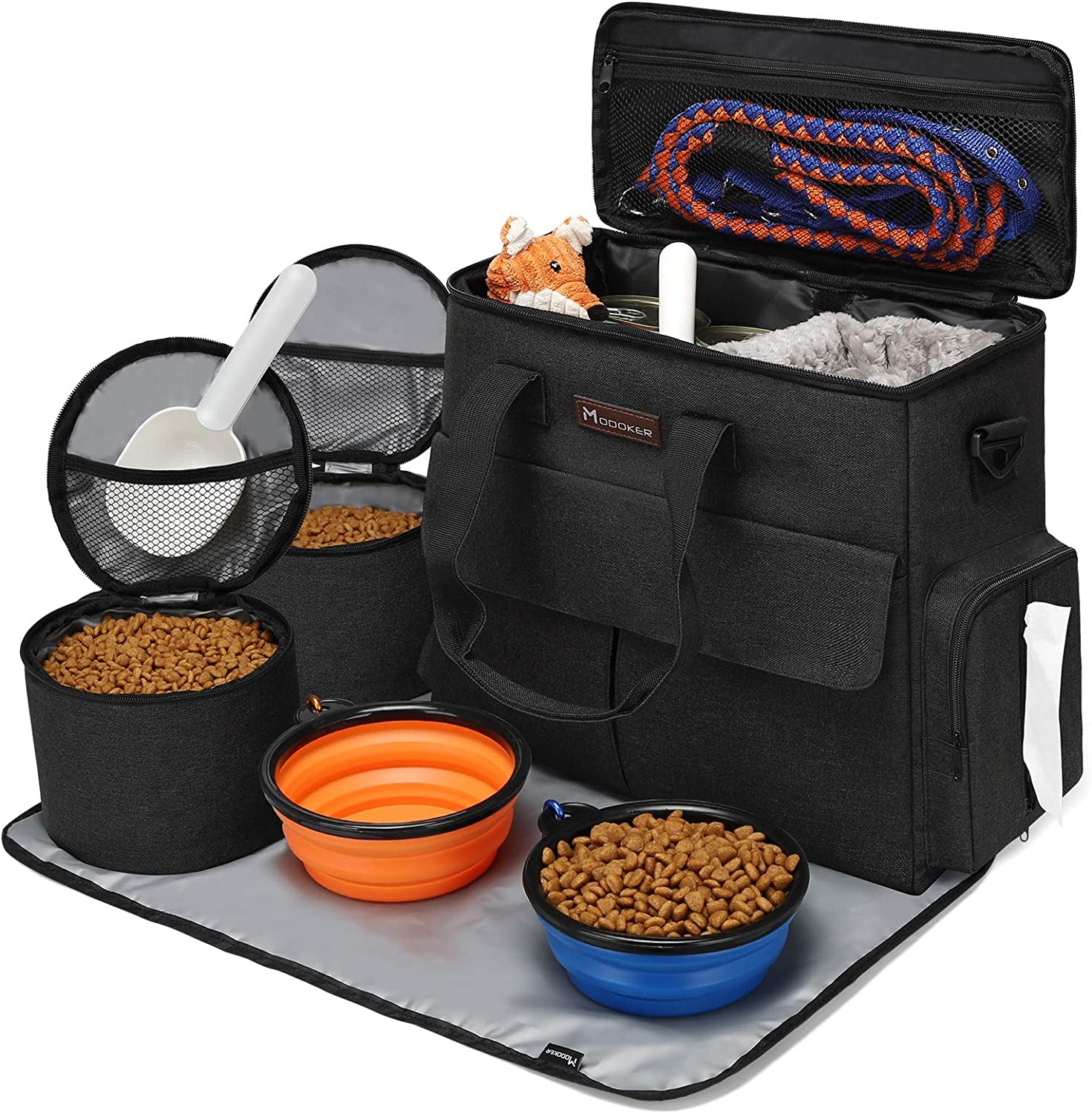 Dog Travel Kit - Weekend Travel Bag Set with Organizer, 2 Collapsible Bowls, and 2 Food Containers (Black)