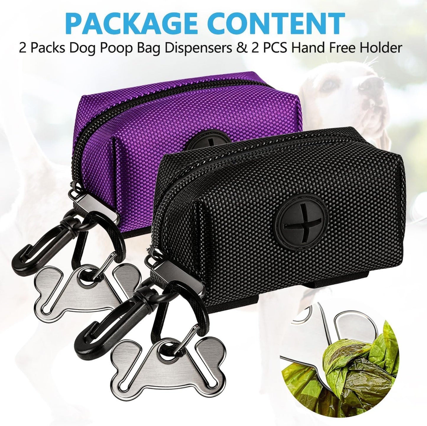 Dog Waste Bag Dispenser - Soft Fabric Zippered Holder for Pet Waste Bags with Leash Attachment - 2-Pack in Purple and Black