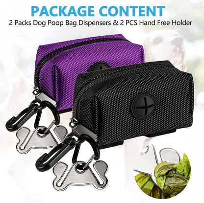 Dog Waste Bag Dispenser - Soft Fabric Zippered Holder for Pet Waste Bags with Leash Attachment - 2-Pack in Purple and Black
