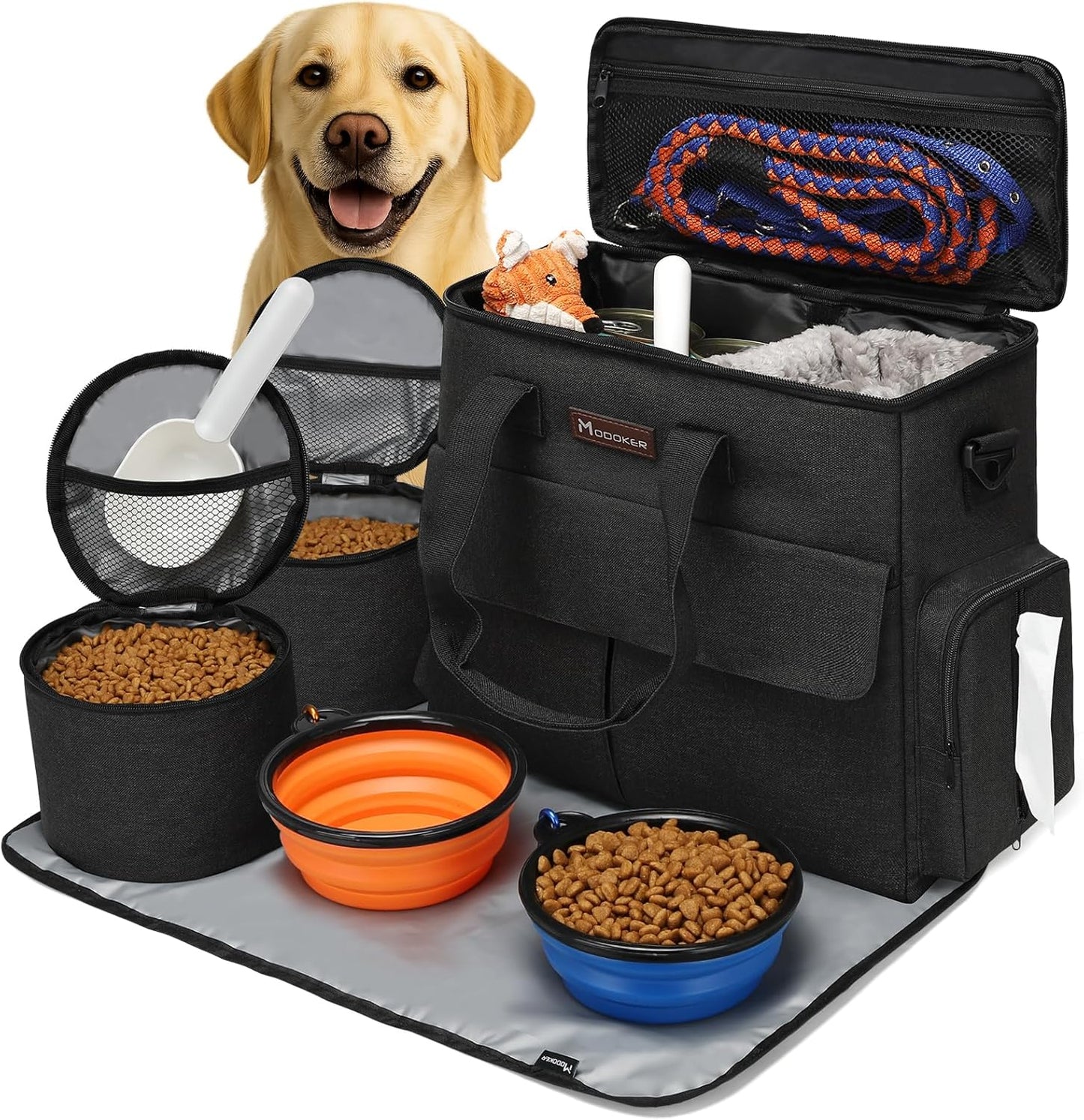 Dog Travel Kit - Weekend Travel Bag Set with Organizer, 2 Collapsible Bowls, and 2 Food Containers (Black)