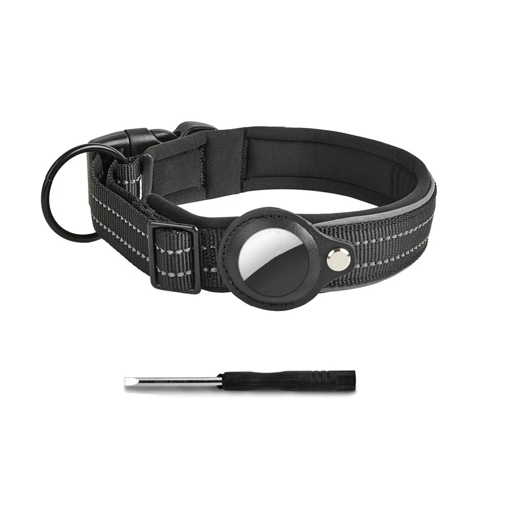 Heavy-Duty Reflective Dog Collar with Adjustable AirTag Holder for Large Dogs