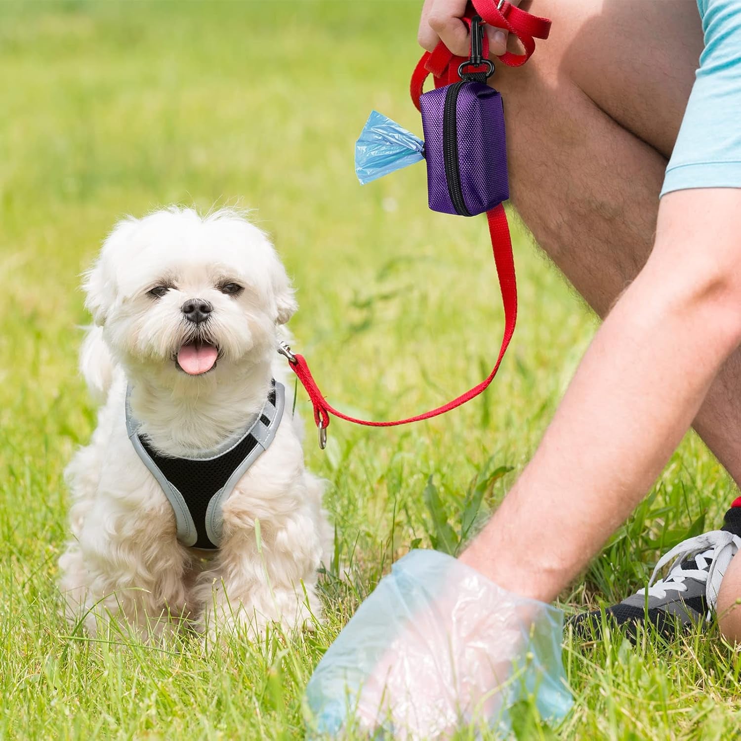 Dog Waste Bag Dispenser - Soft Fabric Zippered Holder for Pet Waste Bags with Leash Attachment - 2-Pack in Purple and Black