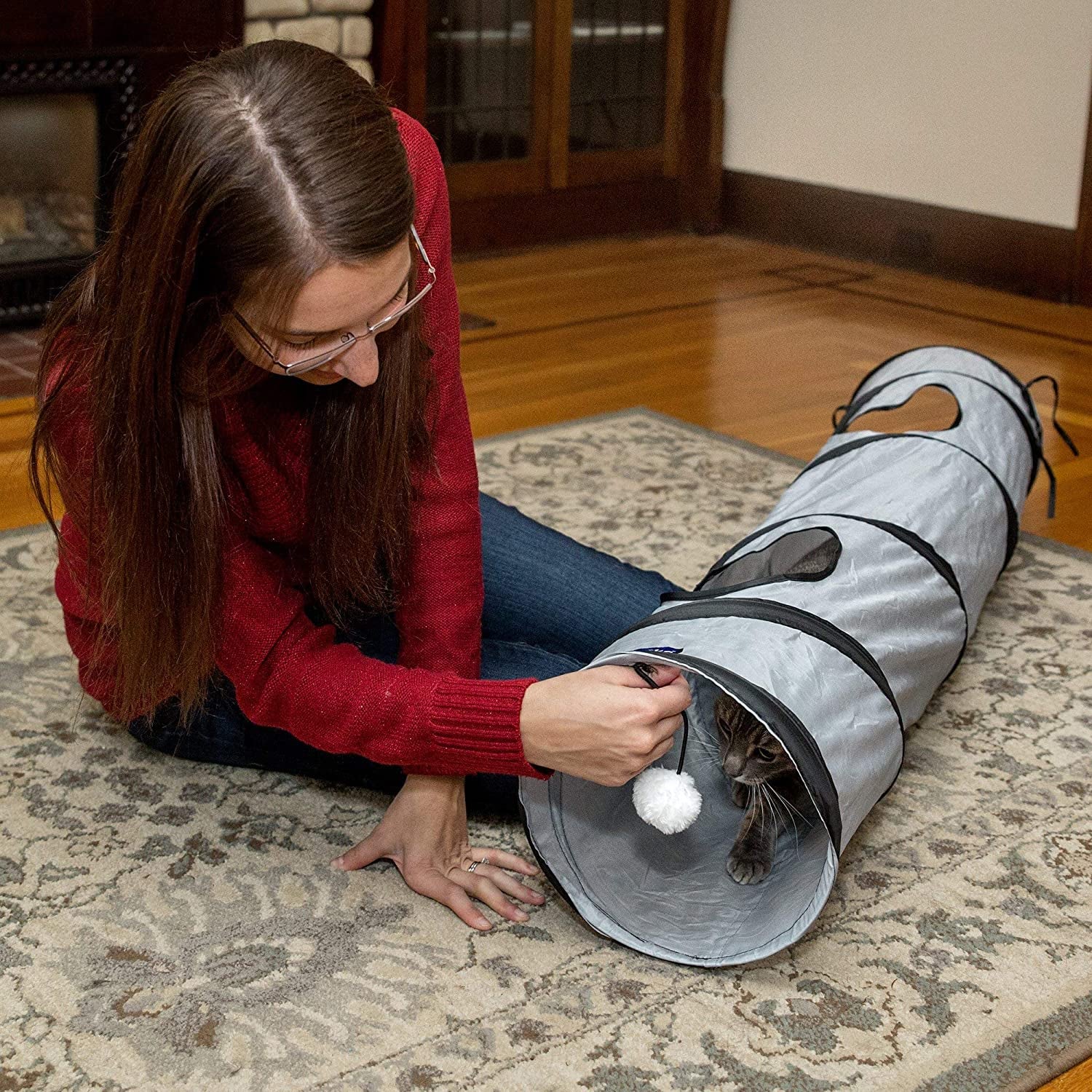 Collapsible Cat Tunnel with Peek Hole and Ball for Indoor Play